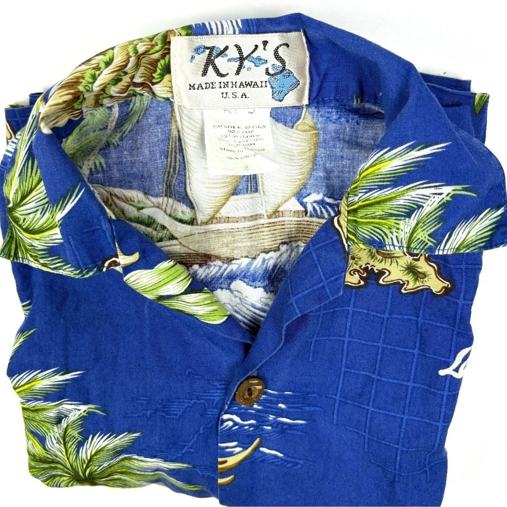 VTG 90s‎ Ky's Hawaiian Shirt Kids Sz 4 Blue Floral Palm Trees Islands Wa'a Boat